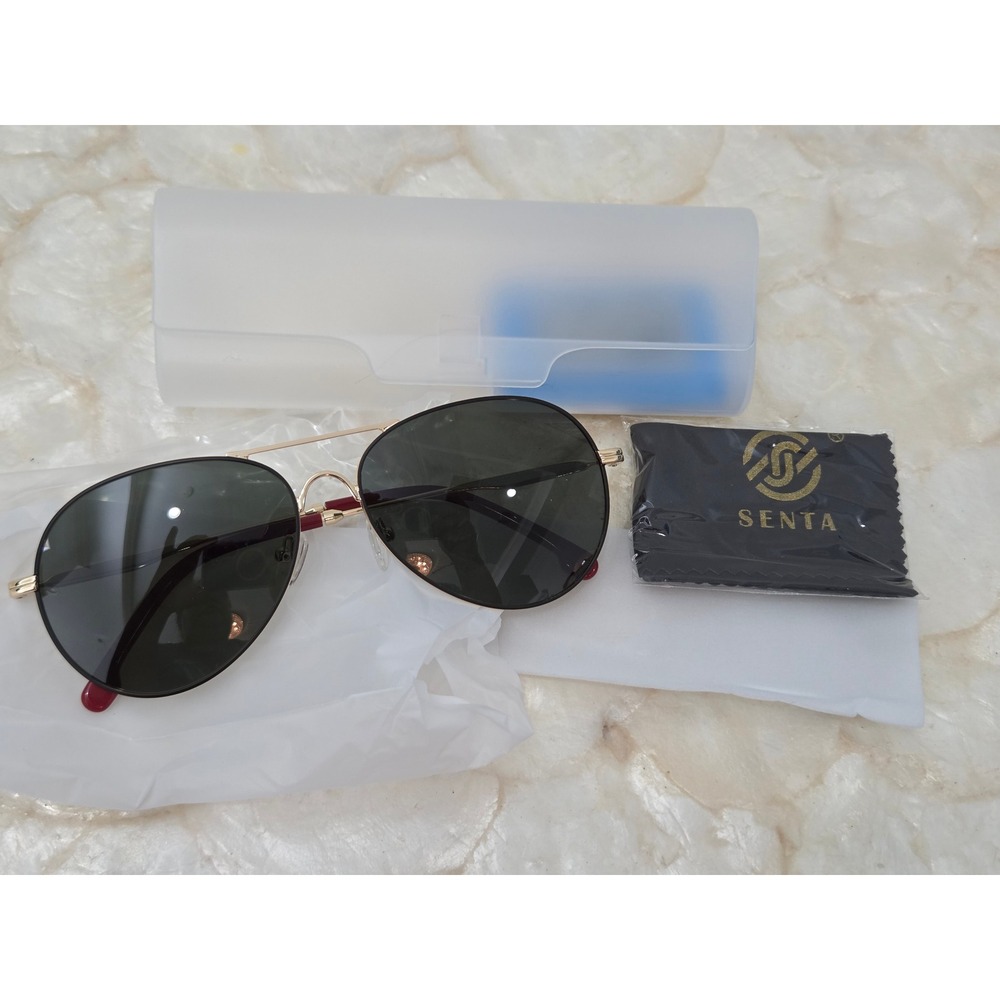 SENTA Aviator Sunglasses Gold Frame Polarized Dark Lens Red Temple Tips NEW